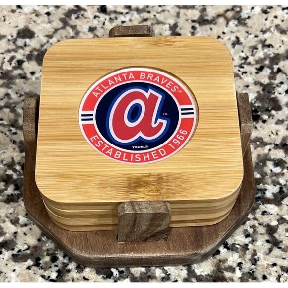 New MLB Atlanta Braves Memory Co 4 Pack‎ Wood Inlay Coaster Set With Wood Holder - Picture 1 of 3